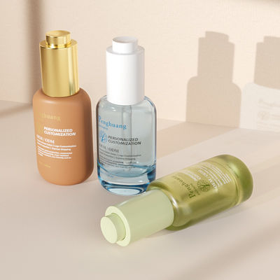 Пользовательские стеклянные флаконы-капельницы для сыворотки 30 мл, зеленая стеклянная бутылка для масла для волос с прессовым дозатором