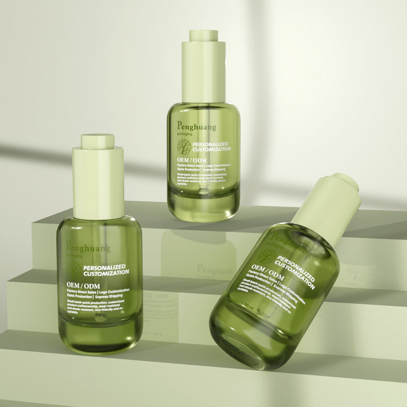 Пользовательские стеклянные флаконы-капельницы для сыворотки 30 мл, зеленая стеклянная бутылка для масла для волос с прессовым дозатором